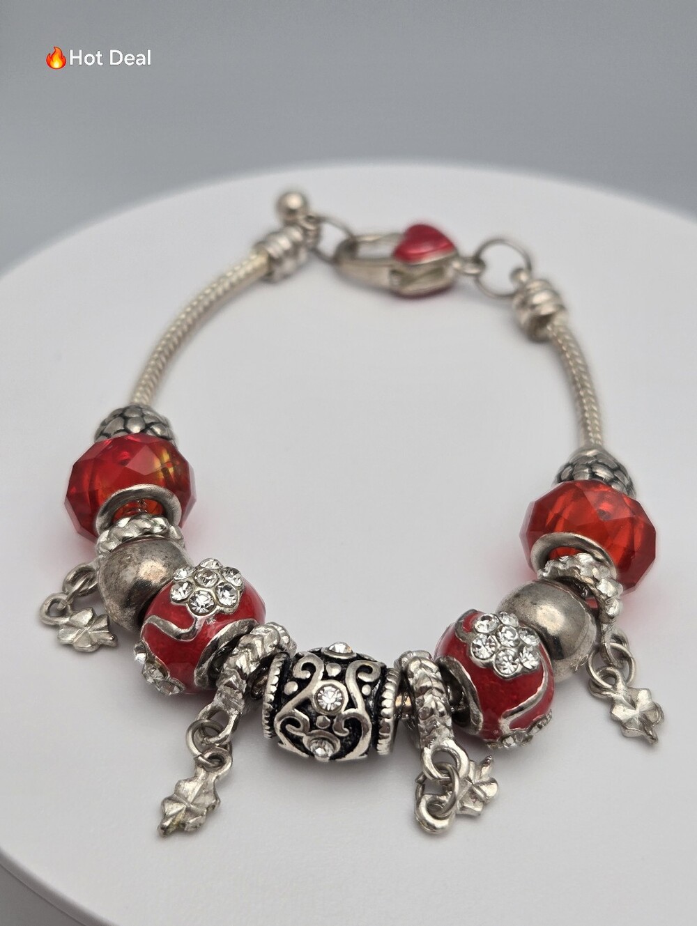 Red Glass Bead Charm Bracelet Pandora Style Heart Clasp 8" Heart